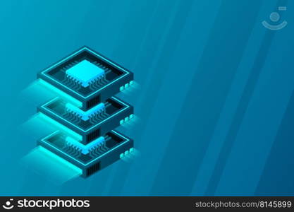 Quantum computer, large data processing, server room, artificial intelligence, data base concept, the microprocessor isometric vector