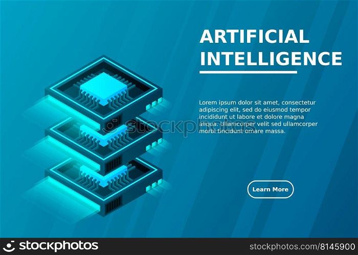 Quantum computer, large data processing, server room, artificial intelligence, data base concept, the microprocessor isometric vector