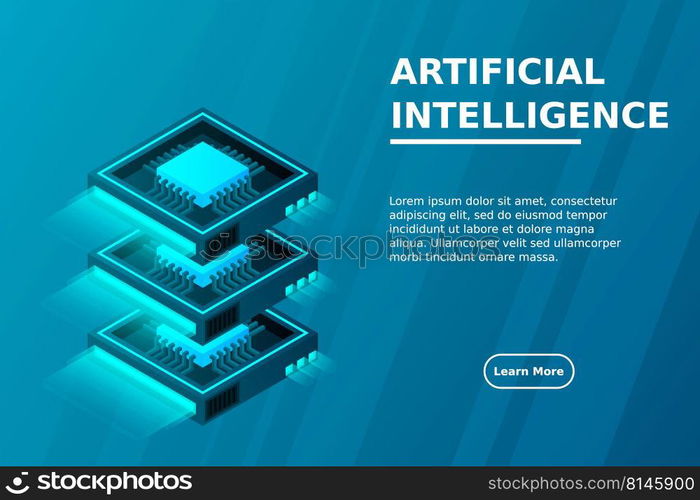 Quantum computer, large data processing, server room, artificial intelligence, data base concept, the microprocessor isometric vector