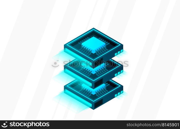 Quantum computer, large data processing, server room, artificial intelligence, data base concept, the microprocessor isometric vector