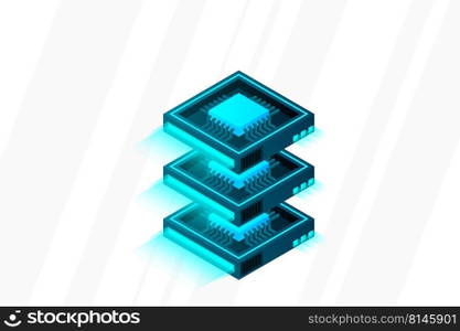 Quantum computer, large data processing, server room, artificial intelligence, data base concept, the microprocessor isometric vector