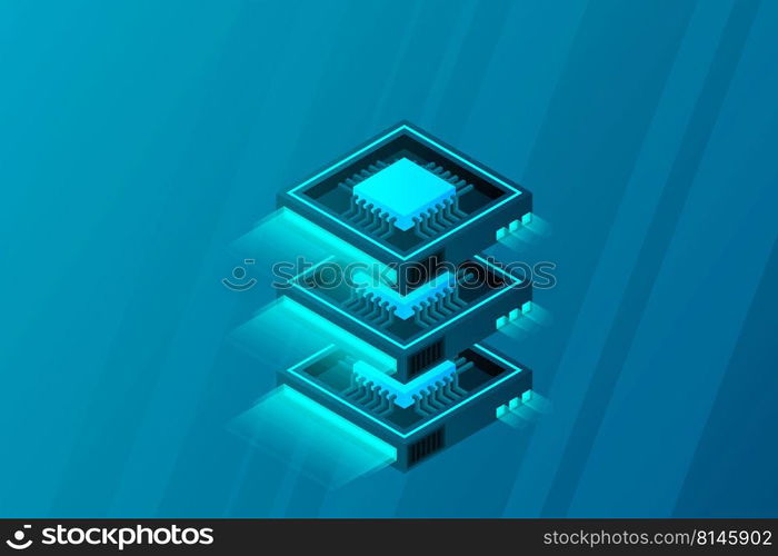 Quantum computer, large data processing, server room, artificial intelligence, data base concept, the microprocessor isometric vector
