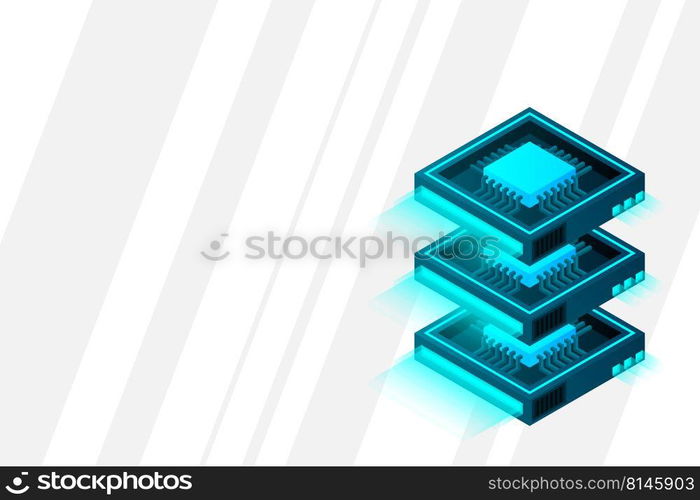 Quantum computer, large data processing, server room, artificial intelligence, data base concept, the microprocessor isometric vector