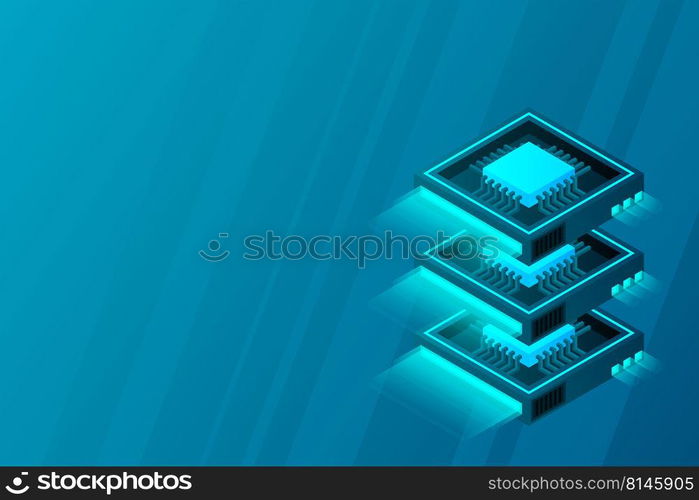 Quantum computer, large data processing, server room, artificial intelligence, data base concept, the microprocessor isometric vector
