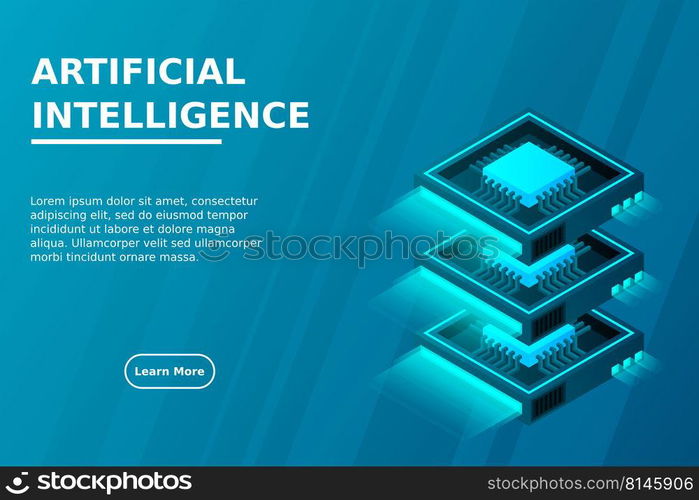 Quantum computer, large data processing, server room, artificial intelligence, data base concept, the microprocessor isometric vector