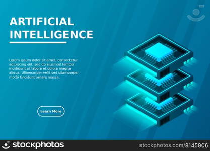 Quantum computer, large data processing, server room, artificial intelligence, data base concept, the microprocessor isometric vector