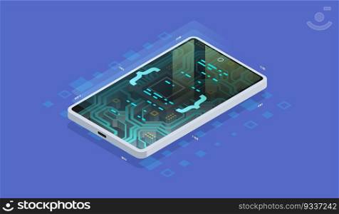Quantum phone, big data processing, database concept. Digital chip, Modern hardware of smartphone, Isometric illustration.