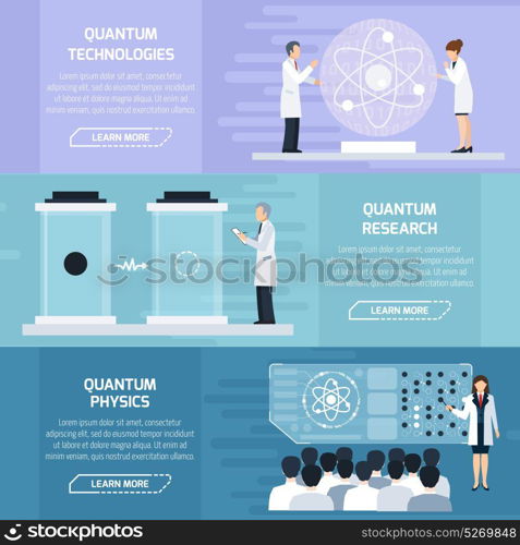 Quantum Physics Horizontal Banners . Quantum physics horizontal banners set as illustrative material for description of technological and learning processes flat vector Illustration