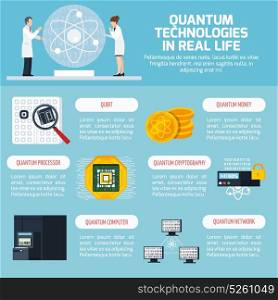 Quantum Technologies Infographics. Quantum technologies infographics layout for text information about application of scientific achievements in real life flat vector Illustration