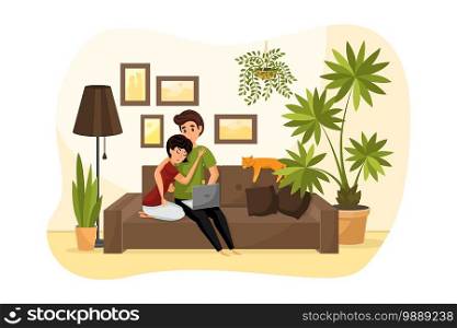 Quarantine, coronavirus, isolation, covid19 concept. Young hugging couple man woman boyfriend girlfriend sitting at home on couch sofa with cat and watching videos. Leisure time on covid19 lockdown.. Quarantine, coronavirus, isolation, covid19 concept
