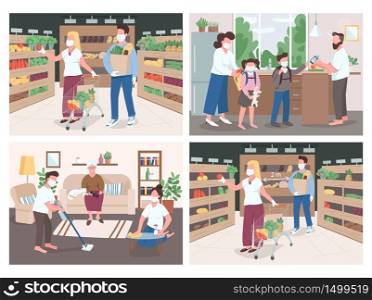 Quarantine flat color vector illustrations set. Social distancing while grocery shopping. People help elder disinfect house. Parent and children in medical masks. Family 2D cartoon characters