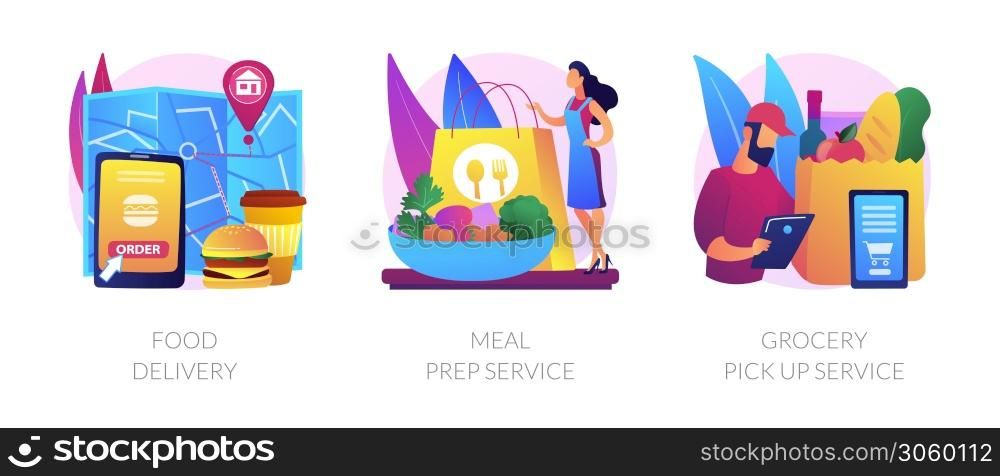 Quarantine food essentials supply abstract concept vector illustration set. Food delivery, meal prep service, grocery pick up service, product shipping during coronavirus pandemic abstract metaphor.. Quarantine food essentials supply abstract concept vector illustrations.