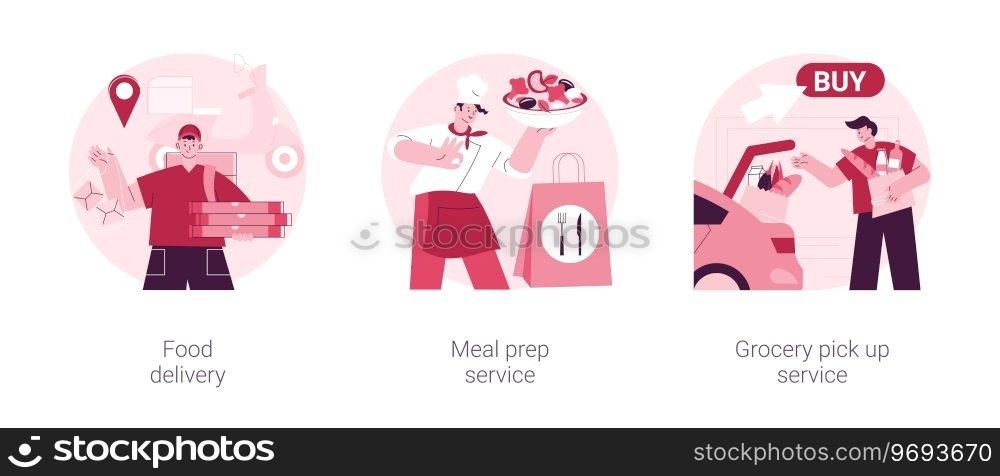Quarantine food essentials supply abstract concept vector illustration set. Food delivery, meal prep service, grocery pick up service, product shipping during coronavirus pandemic abstract metaphor.. Quarantine food essentials supply abstract concept vector illustrations.