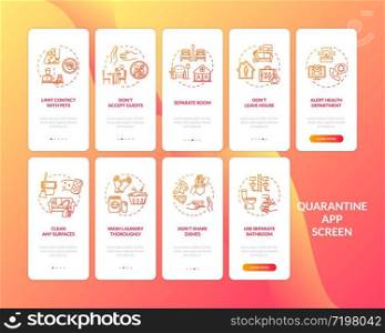 Quarantine, hygiene tips onboarding mobile app page screen with concepts set. Covid prevention walkthrough 5 and 4 steps graphic instructions. UI vector template with RGB color illustrations