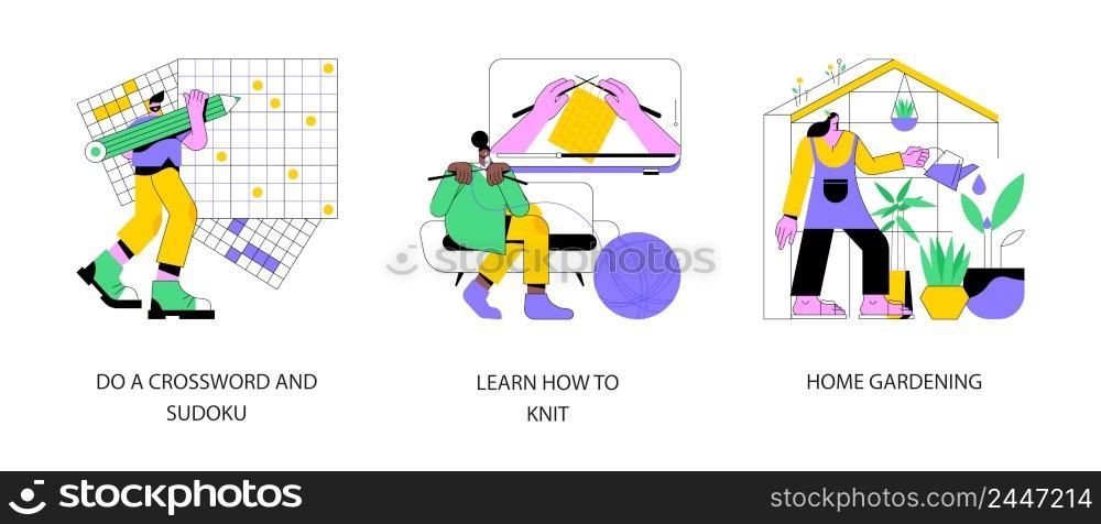 Quarantine leasure activity abstract concept vector illustration set. Do a crossword and sudoku, learn how to knit, home gardening, coronavirus pandemic stress, stay home idea abstract metaphor.. Quarantine leasure activity abstract concept vector illustrations.