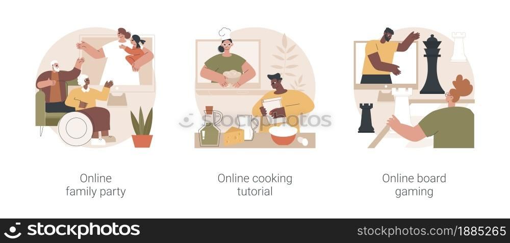 Quarantine leisure time abstract concept vector illustration set. Online family party, cooking tutorial, board gaming, web video call, food blogger, social media, home entertainment abstract metaphor.. Quarantine leisure time abstract concept vector illustrations.