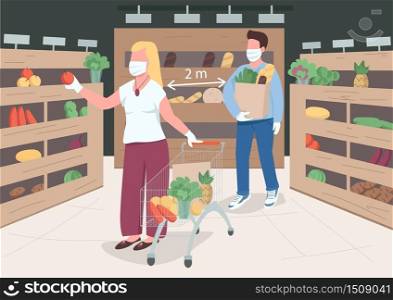 Quarantine measures flat color vector illustration. Prevent virus spread in public places. Woman and men on 2 meter distance. Store customers 2D cartoon characters with interior on background