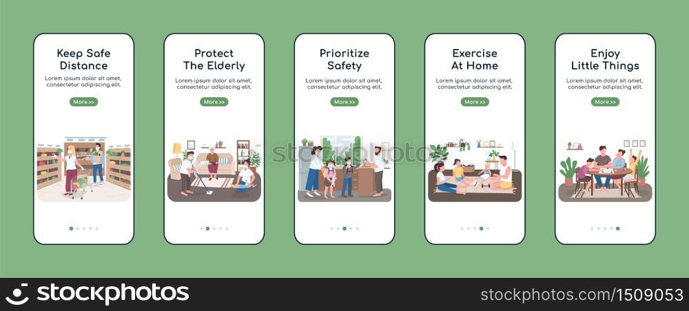 Quarantine measures onboarding mobile app screen flat vector template. Keep safe distance. Walkthrough website steps with characters. UX, UI, GUI smartphone cartoon interface, case prints set