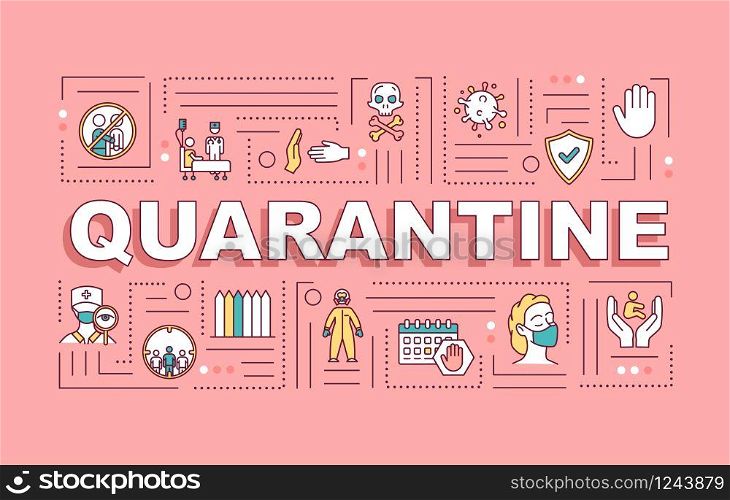 Quarantine word concepts banner. Influenza virus outbreak. Medical team in clinic. Infographics with linear icons on pink background. Isolated typography. Vector outline RGB color illustration