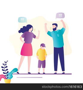 Quarrel in family.  artoon angry parents swearing. Unhappy boy teenager. Dispute man and woman. Toxic relationships between people, obese. Problems and conflict in family. Flat vector illustration 