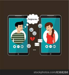 Quarrel. Man apologizes to the woman. Online communication. Vector illustration