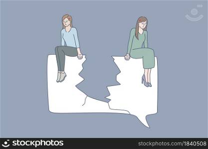 Quarrel, problems in communication concept. Two women friends sitting on different edges of torn paper feeling sad of misunderstanding and quarrelling with each other vector illustration . Quarrel, problems in communication concept.