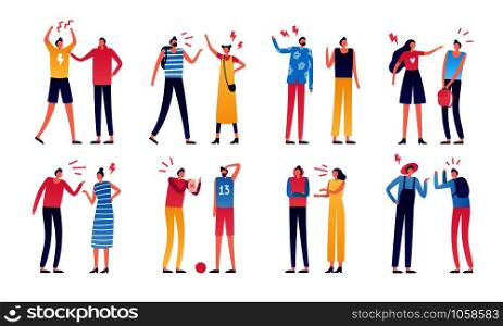 Quarreled couple. Couples of angry people, relationship disagreement problem and family quarrels. Conflict quarrel, person yelling aggression and fight. Arguing flat isolated vector icons set. Quarreled couple. Couples of angry people, relationship disagree