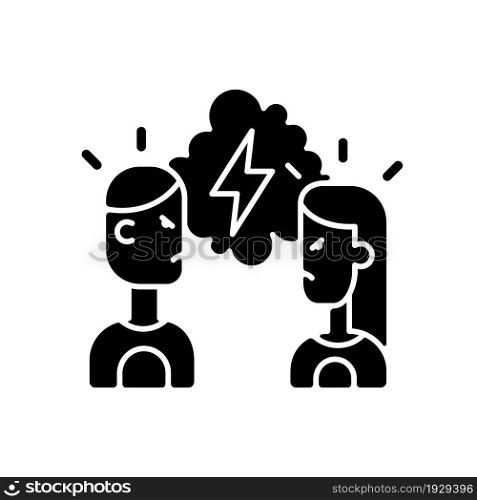 Quarreling couple black glyph icon. Angry girlfriend and boyfriend. Partners during conflict, shouting at each other. Silhouette symbol on white space. Vector isolated illustration. Quarreling couple black glyph icon