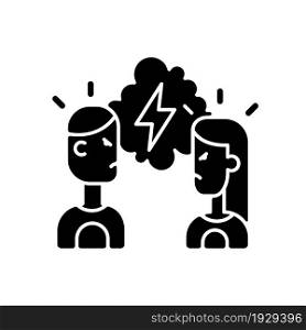 Quarreling couple black glyph icon. Angry girlfriend and boyfriend. Partners during conflict, shouting at each other. Silhouette symbol on white space. Vector isolated illustration. Quarreling couple black glyph icon
