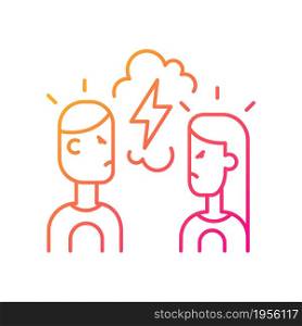 Quarreling couple gradient linear vector icon. Angry girlfriend and boyfriend during conflict, shouting at each other. Thin line color symbol. Modern style pictogram. Vector isolated outline drawing. Quarreling couple gradient linear vector icon
