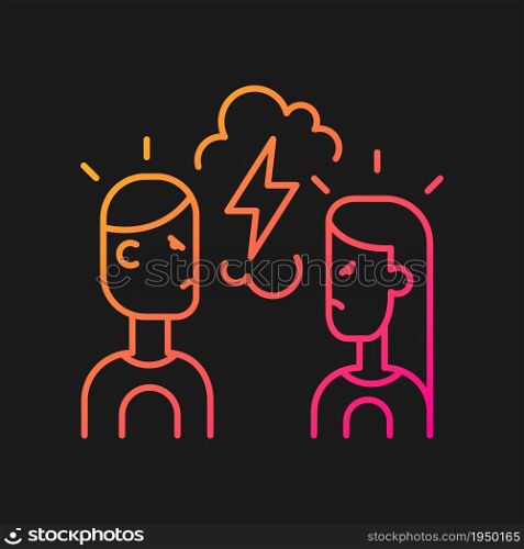 Quarreling couple gradient vector icon for dark theme.Angry girlfriend and boyfriend. Partners shouting at each other. Thin line color symbol. Modern style pictogram. Vector isolated outline drawing. Quarreling couple gradient vector icon for dark theme