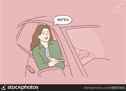 Quarrelling and negative emotions of car driver concept. Young angry woman driver cartoon character feeling dissatisfied and screaming on somebody from cars cabin window . Quarrelling and negative emotions of car driver concept