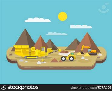 Quarry flat poster with excavator and industrial machinery on mountain background vector illustration