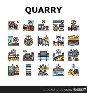 Quarry Mining Industrial Process Icons Set Vector. Quarry Mining Equipment And Machine Technology, Industry Iron And Coal Processing Line. Vibration Assessment Device Color Illustrations. Quarry Mining Industrial Process Icons Set Vector