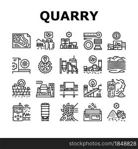 Quarry Mining Industrial Process Icons Set Vector. Quarry Mining Equipment And Machine Technology, Industry Iron And Coal Processing Line. Vibration Assessment Device Black Contour Illustrations. Quarry Mining Industrial Process Icons Set Vector