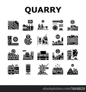 Quarry Mining Industrial Process Icons Set Vector. Quarry Mining Equipment And Machine Technology, Industry Iron And Coal Processing Glyph Pictograms Black Illustrations. Quarry Mining Industrial Process Icons Set Vector