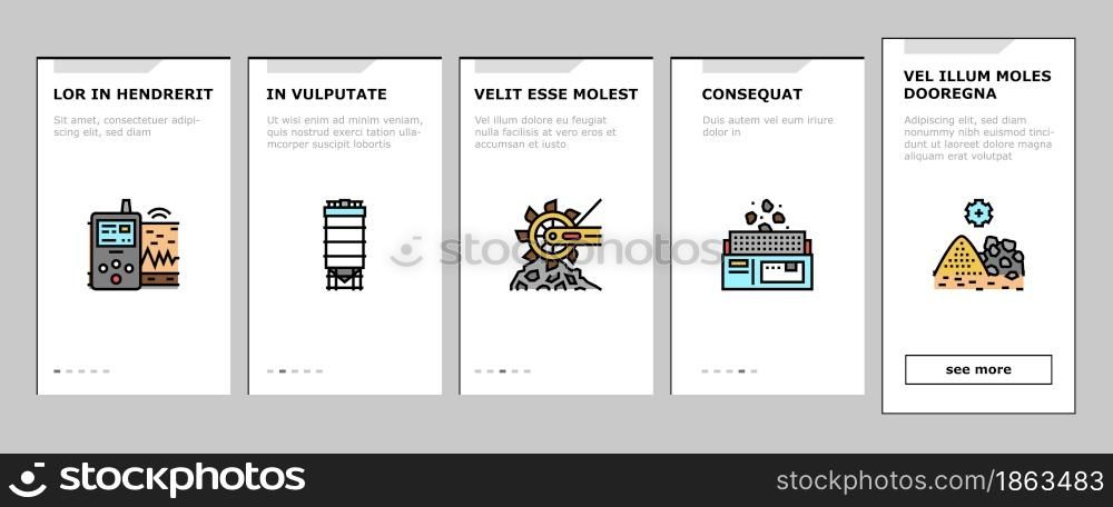 Quarry Mining Industrial Process Onboarding Mobile App Page Screen Vector. Quarry Mining Equipment And Machine Technology, Industry Iron And Coal Processing Illustrations. Quarry Mining Industrial Process Onboarding Icons Set Vector