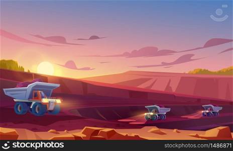 Quarry mining with heavy industrial machinery and transport. Dump trucks carry coal or metal ore at opencast. Pit dawn landscape, mine production, stone quarrying process. Cartoon vector illustration. Quarry mining with heavy industrial dump trucks