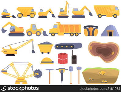 Quarry services icons set cartoon vector. Auto car. Carrier construction. Quarry services icons set cartoon vector. Auto car