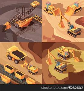Quarrying Mine Design Concept. Mining set of square compositions with machinery equipment performing open pit operations in through cut scenery vector illustration