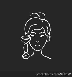 Quartz facial roller chalk white icon on black background. Reducing inflammation. Promoting wound healing. Preventing puffiness, wrinkles under eyes. Isolated vector chalkboard illustration. Quartz facial roller chalk white icon on black background