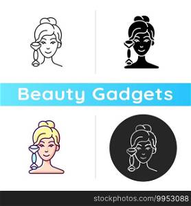 Quartz facial roller icon. Reducing inflammation. Promoting wound healing. Preventing puffiness, wrinkles under eyes. Linear black and RGB color styles. Isolated vector illustrations. Quartz facial roller icon