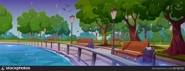 Quay in city park at rain landscape with river bay, wooden benches, green trees, litter bins and street l&s in wet rainy summer weather. Embankment walkway background, Cartoon vector illustration. Quay in city park at rain landscape with river bay
