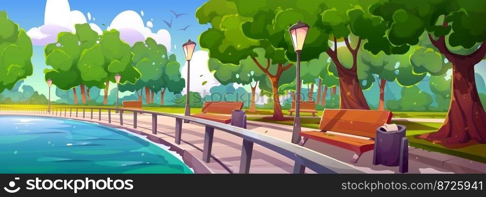 Quay in city park landscape perspective view with fenced river bay, wooden benches, green trees, litter bins and street l&s at summer time. Embankment walkway background, Cartoon vector illustration. Quay in city park landscape perspective view