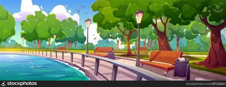 Quay in city park landscape perspective view with fenced river bay, wooden benches, green trees, litter bins and street l&s at summer time. Embankment walkway background, Cartoon vector illustration. Quay in city park landscape perspective view