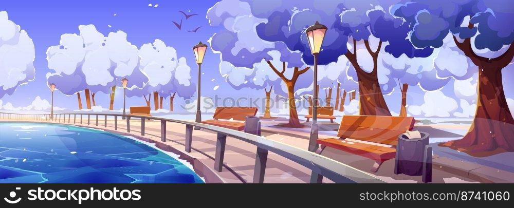 Quay in winter city park landscape perspective view with frozen river bay, wooden benches, snowy trees and street l&s. Embankment walkway background at cold season time, Cartoon vector illustration. Quay in winter city park landscape with frozen bay