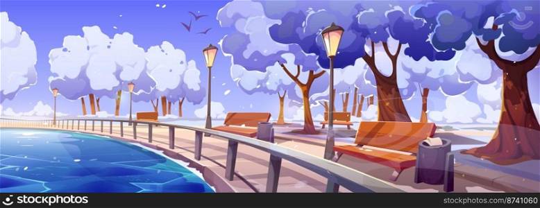 Quay in winter city park landscape perspective view with frozen river bay, wooden benches, snowy trees and street l&s. Embankment walkway background at cold season time, Cartoon vector illustration. Quay in winter city park landscape with frozen bay