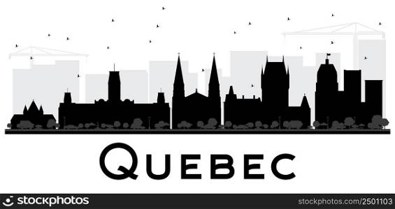 Quebec City skyline black and white silhouette. Vector illustration. Simple flat concept for tourism presentation, banner, placard or web site. Business travel concept. Cityscape with landmarks