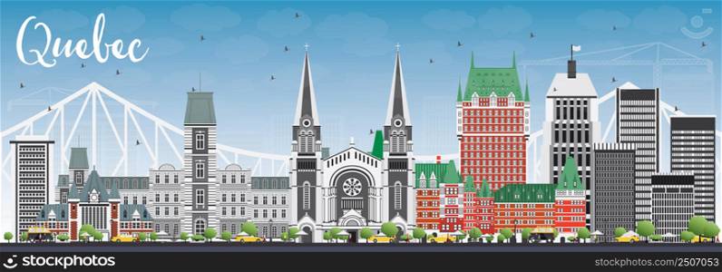 Quebec Skyline with Gray Buildings and Blue Sky. Vector Illustration. Business Travel and Tourism Concept with Historic Architecture. Image for Presentation Banner Placard and Web Site.