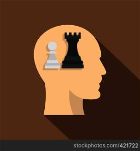 Queen and pawn chess inside human head icon. Flat illustration of queen and pawn chess inside human head vector icon for web isolated on coffee background. Queen and pawn chess inside human head icon